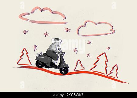 Collage schwarz weiß Gamma-Bild von funky Mann santa claus Kostüm reitend Motorrad und Lieferung Geschenke isoliert auf Zeichnung Hintergrund Stockfoto