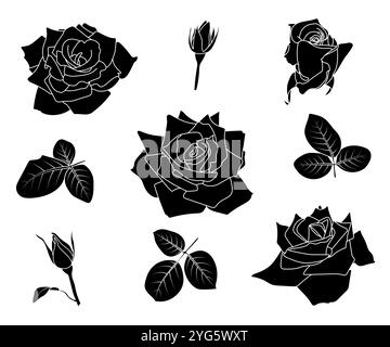 Roses Black Solid Shapes Kollektion. Spitz zulaufende Blütenblätter. Einfach Stock Vektor