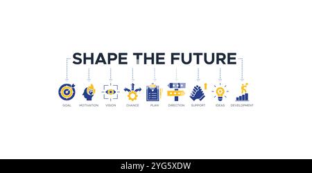 Gestalten Sie das zukünftige Banner Web-Symbol-Vektor-Illustrationskonzept für die Geschäftsplanung mit einem Symbol für Ziel, Motivation, Vision und Chance Stock Vektor