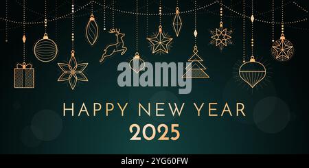 Happy New Year Banner mit wertvollen goldenen Dekorationen und Text, Feiertage und Feierlichkeiten Konzept Stock Vektor