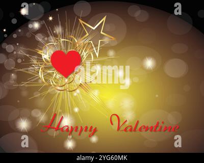 Herz mit einem Stern drauf und die Worte Happy Valentine. Das Herz ist rot und der Stern ist Gold Stock Vektor