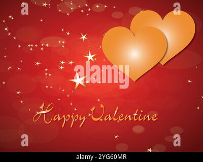 Roter Hintergrund mit zwei orangefarbenen Herzen und den Worten Happy Valentine. Die Herzen sind von Sternen umgeben Stock Vektor