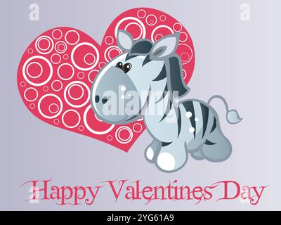 Zebra steht vor einem Herzen. Das Herz ist rot und weiß. Das Zebra lächelt. In dem Text steht Happy Valentine's Day Stock Vektor