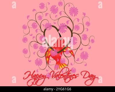 Roter Vogel sitzt in der Mitte eines rosafarbenen Blumenbaums. Der Baum ist von rosa Blumen umgeben. Der Vogel hält ein Herz im Schnabel Stock Vektor