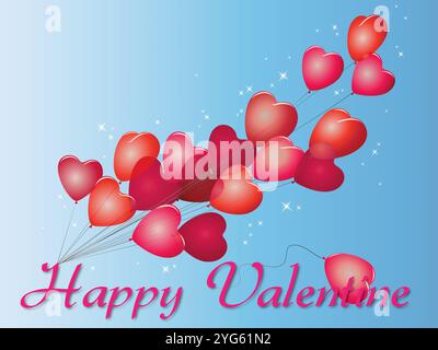 Ein Haufen roter Ballons mit blauem Hintergrund. Die Ballons haben die Form von Herzen. Der Text sagt Happy Valentine Stock Vektor