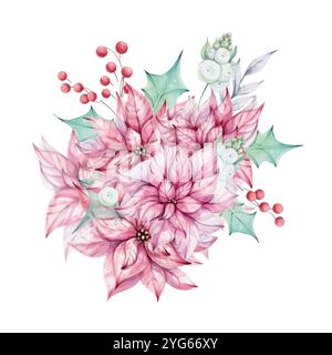Weihnachtsaquarell Roter Weihnachtsstern Blumenstrauß, Kompositionen mit stechpalmengrünen Blättern und Mistel, roten Beeren. Winterkomposition, Einrichtung Stock Vektor