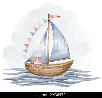 Aquarellillustration für Segelboote. Zeichnung eines Segelschiffes mit Girlande und Wellen in Pastellfarben für Babyduschdesign auf isoliertem Hintergrund. Kindliche Skizze von Boot oder Yacht mit Wimpeln. Stockfoto