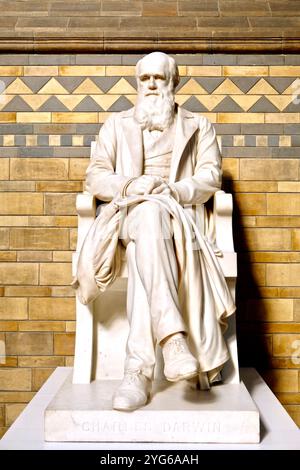 Die Marmorstatue von Charles Darwin wurde 1885 auf der Treppe der Hintze Hall im Natural History Museum in London enthüllt. Stockfoto