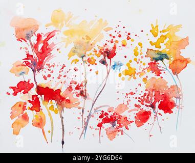 Schöne abstrakte helle Aquarellfloralgemälde mit gelbem Hintergrund und Copyspace. Indische handgemalte Aquarellkunst mit Aquarell Stockfoto