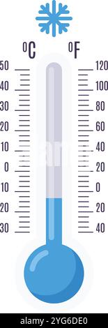Thermometer, das die Temperaturen unter dem Gefrierpunkt sowohl in celsius als auch in fahrenheit anzeigt, sowie ein Schneeflockensymbol, das für kaltes Wetter steht Stock Vektor