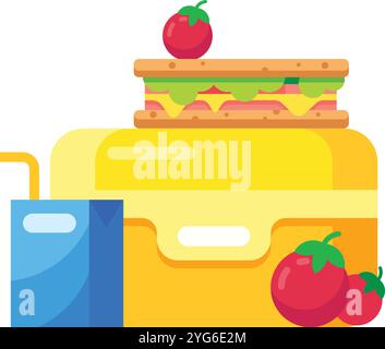 Genießen Sie ein nahrhaftes Mittagessen in der Schule mit einer bunten Lunchbox voller frischem Obst, Gemüse, Sandwich, Tomaten und Saft Stock Vektor