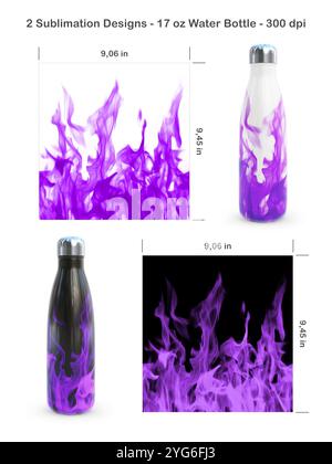 Set aus 2 Brandmustern auf weißem und schwarzem Hintergrund. Nahtlose Sublimationsschablonen für 17-ml-Wasserflaschen. Sublimationsdarstellung. Stockfoto