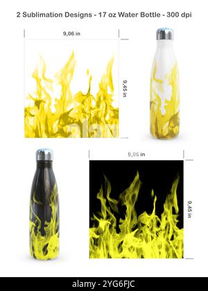 Set aus 2 Brandmustern auf weißem und schwarzem Hintergrund. Nahtlose Sublimationsschablonen für 17-ml-Wasserflaschen. Sublimationsdarstellung. Stockfoto