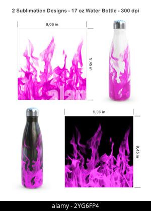 Set aus 2 Brandmustern auf weißem und schwarzem Hintergrund. Nahtlose Sublimationsschablonen für 17-ml-Wasserflaschen. Sublimationsdarstellung. Stockfoto