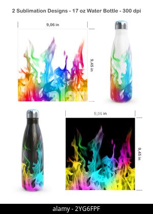 Set aus 2 Brandmustern auf weißem und schwarzem Hintergrund. Nahtlose Sublimationsschablonen für 17-ml-Wasserflaschen. Sublimationsdarstellung. Stockfoto