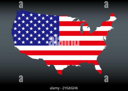 Silhouette der Karte der Vereinigten Staaten mit der amerikanischen Flagge, dem Old Glory oder Star-Spangled Banner. Stockfoto