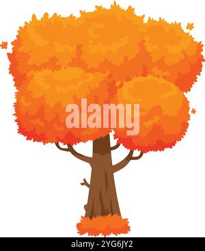 Der lebhafte Zeichentrickbaum mit leuchtend orangefarbenen Blättern fällt anmutig vor einem weißen Hintergrund und fängt das Wesen des Herbstes ein. Perfekt zum Hinzufügen von Farben Stock Vektor