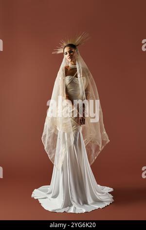 Eine elegante afroamerikanische Frau mit Perlen besticht mit ihrem sanften weißen Kleid und ihrer ruhigen Pose. Stockfoto