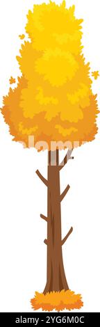 Einladende Herbstkulisse mit einem majestätischen hohen Baum, der mit goldenem Laub geschmückt ist, umgeben von herabfallenden Blättern, die eine friedliche und entspannende Atmosphäre schaffen Stock Vektor