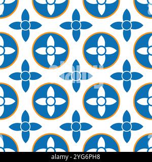 Modernes und optisch ansprechendes florales Design mit nahtlosem geometrischem Muster und stilisierten Quatrefoil-Blüten in Blau und Orange, passend für verschiedene Stock Vektor
