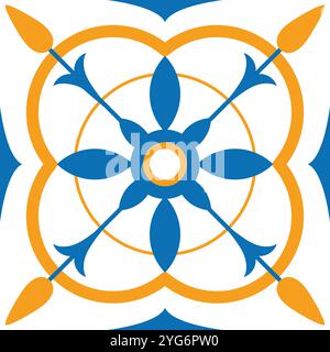 Design mit Blumen- und geometrischen Oberflächenmustern in Blau und Orange, perfekt für Fliesen, Stoffe und dekorative Anwendungen Stock Vektor