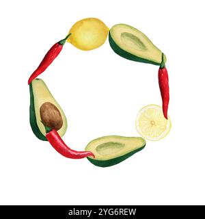 Runde Komposition mit rotem Pfeffer, Avocado und Zitrone. Handgezeichnete Aquarellillustration auf weißem Hintergrund für Postkarten, Karten, Einladungen, Textil Stockfoto