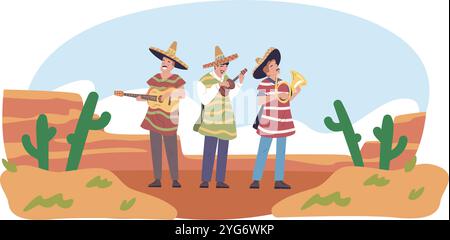 Hispanische Musiker. Mexikanischer Musiker in Mariachi Sombrero Hut, lateinische Musikband spielt auf Gitarre und Trompete Instrument Künstler Performance in mexiko Wüste Vektor Illustration Original Kunstwerk Stock Vektor