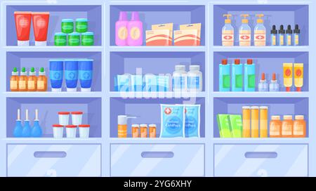 Cartoon-Arzneimittelregale. Apotheke Regale Rack, Krankenhaus-Vorrat Inneres medizinisches Geschäft Regal mit Gesundheitsprodukten Medizin Pakete Chemiker Drogerie Shop ordentliche Vektor Illustration Original Kunstwerk Stock Vektor