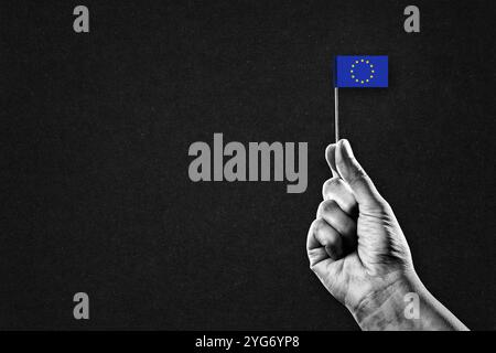 Hand in Schwarz und weiß mit der Flagge der Europäischen Union, Kopierraum Stockfoto