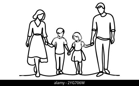 Glückliche Familie, die Hand hält eine Zeile einzelne durchgehende Strichkunst. Stock Vektor