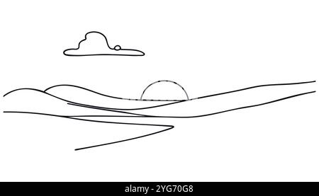 Sonnenuntergang am Horizont Bergkette, Sonne flache Landschaft gezeichnet Hintergrund in einer Zeile Stock Vektor