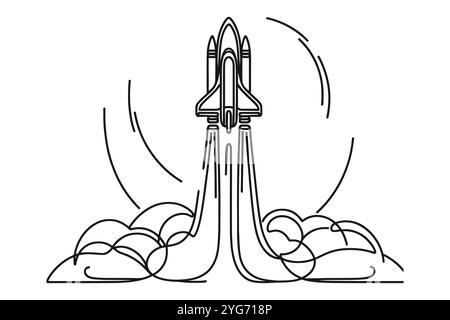 Eine durchgehende Linienzeichnung des Starts des Raumschiffs Rocket. Stock Vektor