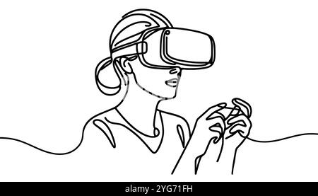 Frau, die eine Virtual-Reality-Brille trägt. Metaverse-Konzept. Durchgehende Linie. Handgezeichnet. Eine Zeile. Strichgrafik. Logo-Design. Vektor. Abbildung. Stock Vektor