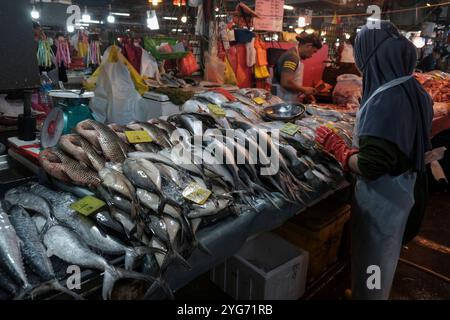 Kuala Lumpur, Malaysia. November 2024. Ein Fischhändler, der auf dem Chow Kit Market in Kuala Lumpur eine Vielzahl von Fischen anbietet. Quelle: SOPA Images Limited/Alamy Live News Stockfoto