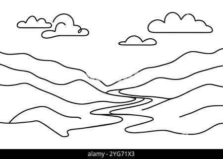 Querformat. Bergsee. Hohe Berge. Waldsee in Felsen. Querformat. Eine durchgehende Linie. Linear. Eine durchgehende Linie gezeichnet, weißer Hintergrund Stock Vektor