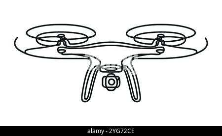 Vektordurchgängiges Symbol einer einzeiligen Zeichnung der Quadcopter-Kamera-Drohne in Silhouette auf weißem Hintergrund. Stock Vektor