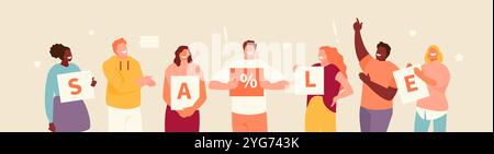 Glückliche Gruppe von Leuten, die Rabatte und Verkäufe bewerben. Vektorabbildung, Banner Stock Vektor
