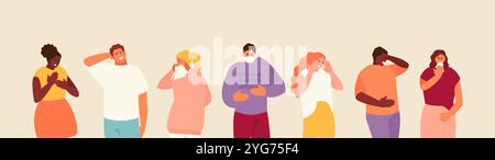 Menschen mit unterschiedlichen Symptomen. Kopfschmerzen, laufende Nase, Brust- und Bauchschmerzen, Husten. Vektorzeichen Stock Vektor