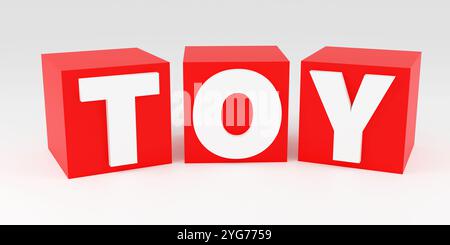 Luxuriöses Spielzeug mit roten Würfeln auf grauem Podium, weiches Licht, glatter Hintergrund für Vorderansicht, 3D-Rendering Stockfoto