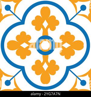 Elegantes traditionelles Zierdesign mit nahtlosem Vierfach-Muster und orangefarbenen und blauen Motiven, perfekt für eine Vielzahl von dekorativen Anwendungen Stock Vektor