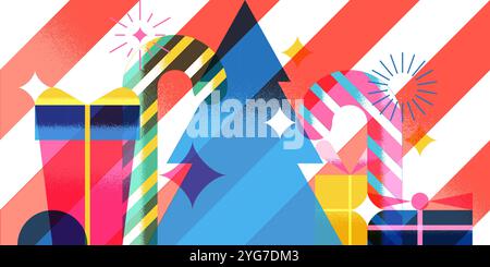 Frohe Weihnachten, Happy New Year Party Banner, Poster mit rot weißem Hintergrund, Zuckerrohr gestreift, Geschenke, Tanne. Illustration der Vektorabwicklung. Abstrac Stock Vektor