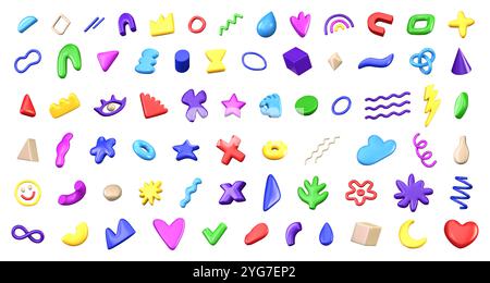 3D-Vektorsatz mit verschiedenen hellen abstrakten realistischen Formen im 3D-Cartoon-Stil. Verschiedene fröhliche dekorative mehrfarbige Designelemente isoliert auf Stock Vektor