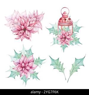 Aquarellset - rote Weihnachtslaterne und Kerze mit roten Weihnachtsstern und stechpalmengrünen Blättern, isoliert. Romantischer Retro-Stil. Festliche Einrichtung im Winter Stockfoto