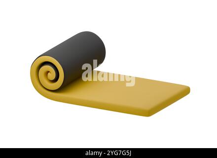 Vektor-3D-Illustration der aufgerollten gelben und schwarzen Übung oder Yogamatte. Perfekt für Fitness-, Wellness- oder sportliche Designs. Modern Stock Vektor