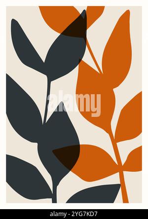 Botanische, minimalistische Wandkunst mit Blattbedruckung. Abstraktes Laubplakat mit Künstlerkunst. Vektor-a4-Poster. Moderne Wandeinrichtung. Abstrakte Pflanze des Stock Vektor