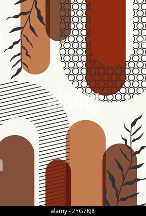 Ästhetische Vektorillustration mit Bogenformen und Laub. Moderne abstrakte geometrische einfache Kunst. Boho-Wandkunst, 2D-Einrichtung. Trendiges künstlerisches Design Stock Vektor