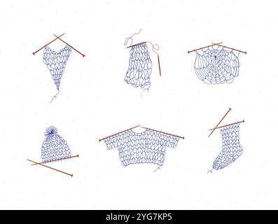 Strickkollektion mit Nadeln, Pullover, Socke, Hut, Serviette, Garn, Wolle, Mütze Zeichnung im Linienart-Stil auf weißem Hintergrund. Stock Vektor