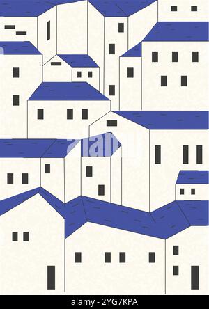 Niedliche kleine Häuser Zeichentrickfilm kleine Stadt Illustration. Minimalismus Stadtgebäude, Vorstadtwohnhaus Vektorkunst. Beherbergt kleine blaue weiße einfache 2D Stock Vektor
