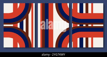 Abstraktes dynamisches Posterset für Vektoren. Artwork Kollektion postmoderne geometrische Formen im Retro-Stil der 50er Jahre. Ästhetischer Druck mit abstrakter Streifenillustration Stock Vektor