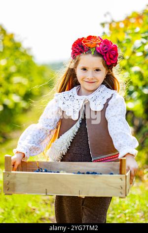 Multiethnische Frau, erfahrene Weinbauerin, Winzer, Weinbauerin, die eine Holzkiste mit frischer Herbsternte von Bio-Trauben und Küken hält Stockfoto